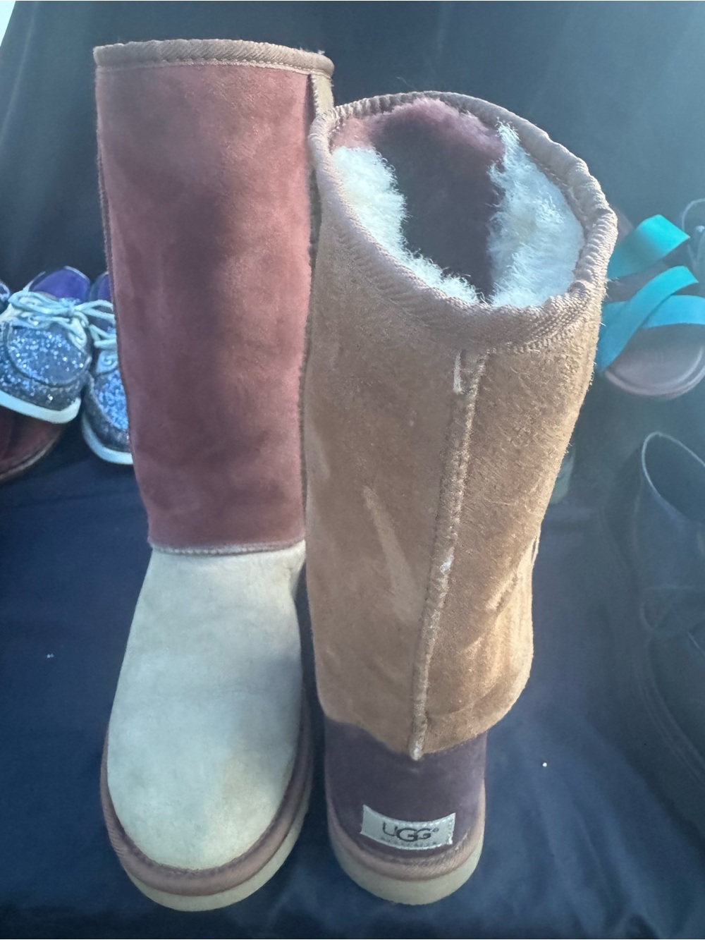 UGG Two-Tone Suede Shearling Mid-Calf Boots in Brown and Tan
